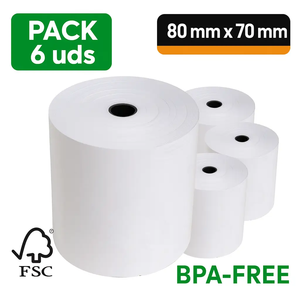 Rollo térmico Exacompta 80 mm x 70 mm sin BPA – Pack de 6 unidades