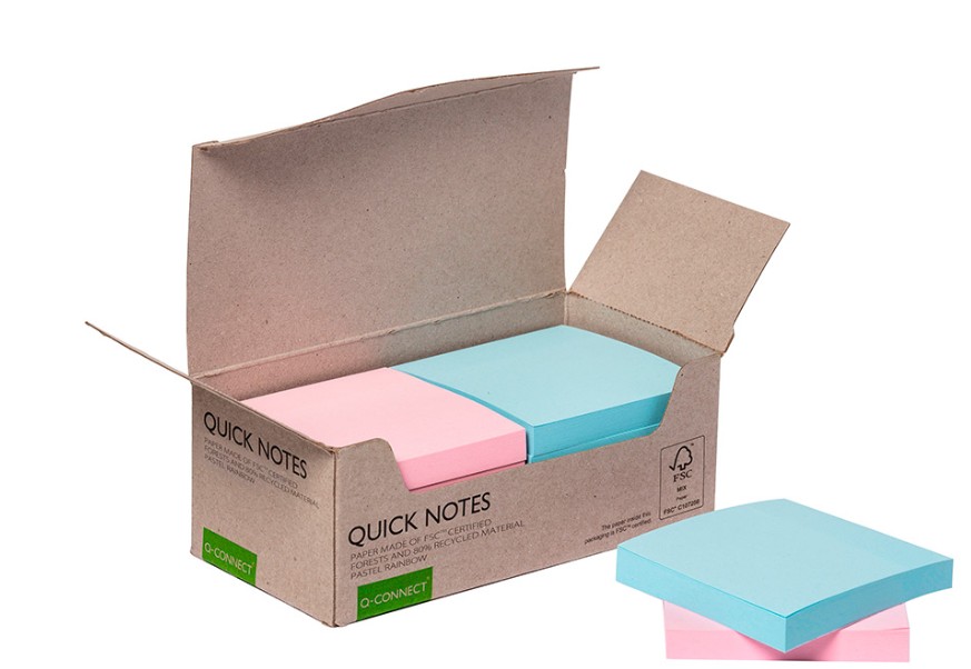 Bloc de Notas Adhesivas Q-Connect 76x76 mm Papel Reciclado Colores Pastel – Pack 12 Unidades